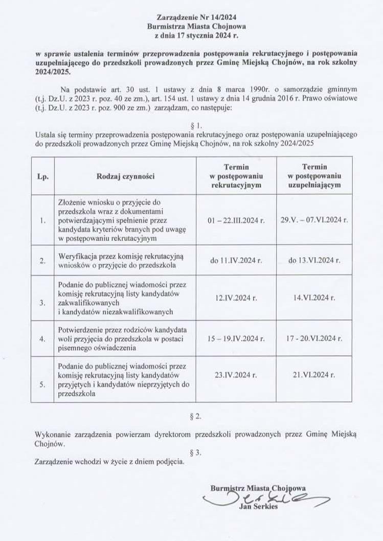 Zarządzenie Nr 14/2024 Burmistrza Miasta Chojnowa